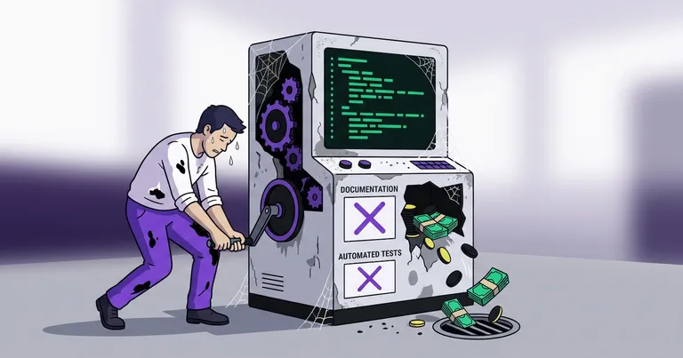 A developer trying to operate a broken legacy machine that throws money on a drain.